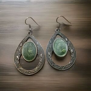 Vintage Middle Eastern Jewelry Hammered Metal With Green Accents  Earrings